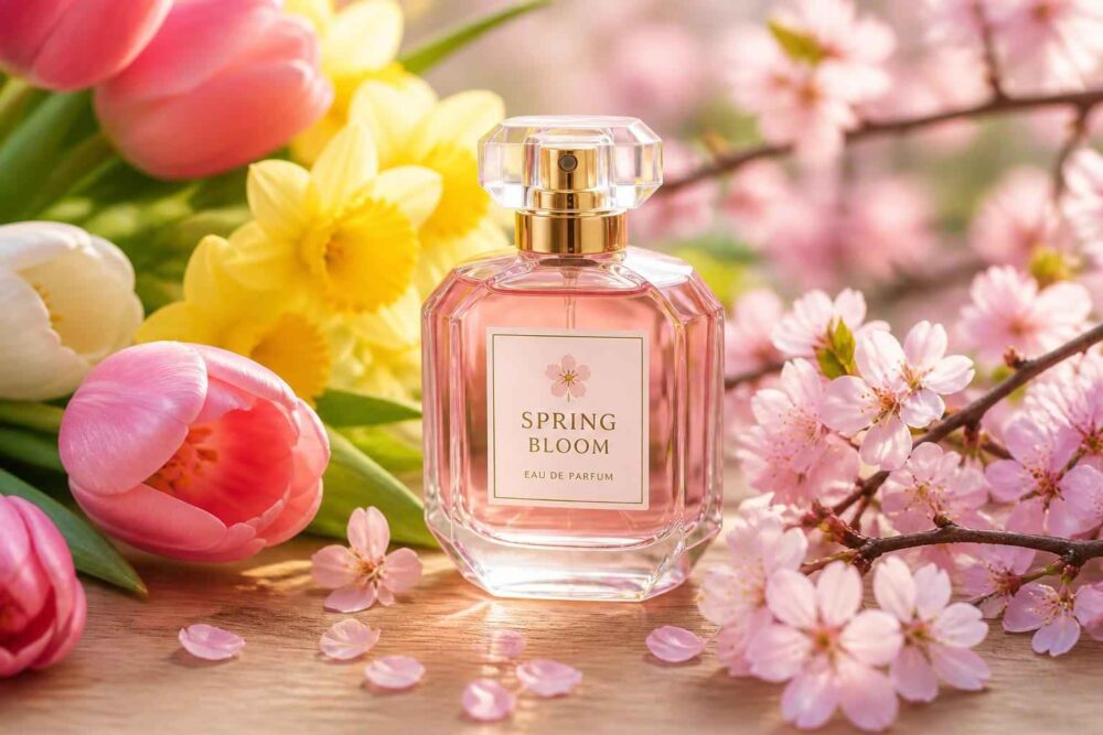 Flakon Spring Bloom na tle tulipanów i kwitnącej wiśni Różowy flakon perfum Spring Bloom wśród tulipanów, narcyzów i gałązek kwitnącej wiśni