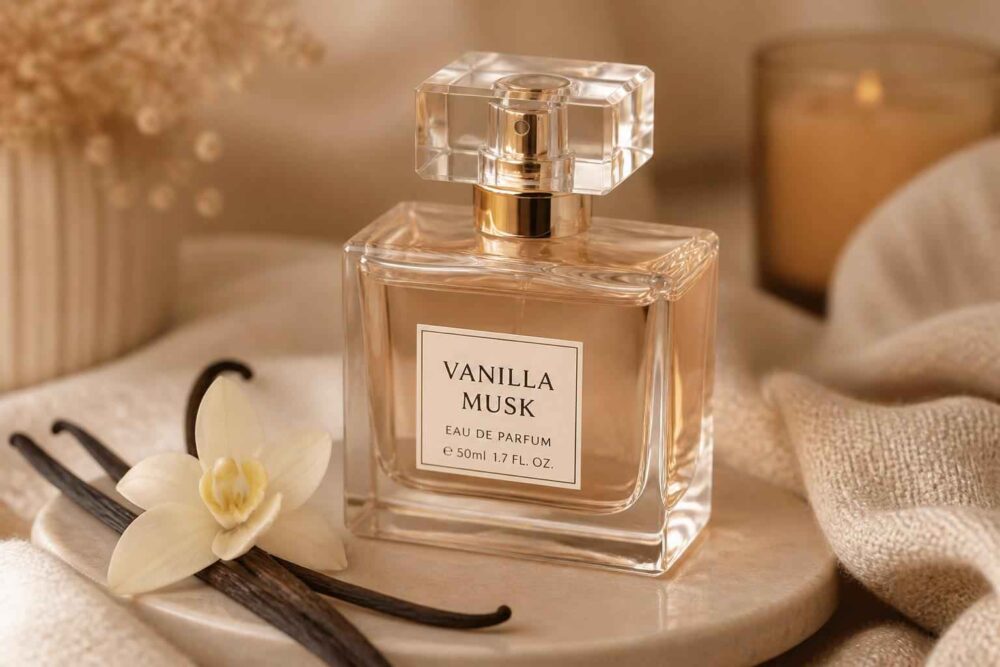 Szklany flakon Vanilla Musk z wanilią i białym kwiatem na drewnianej podstawce