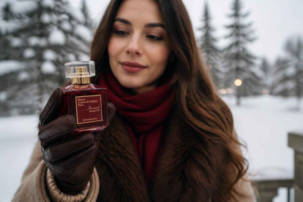 Kobieta w bordowym szaliku trzyma flakon perfum na tle ośnieżonych drzew