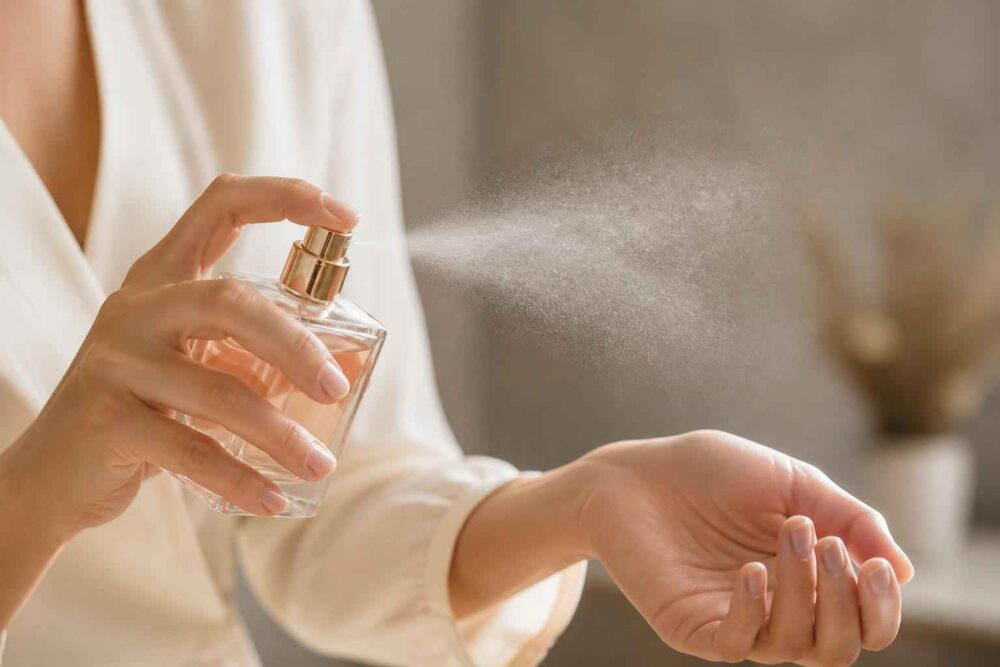 Kobieta rozpyla perfumy z przezroczystego flakonu nad otwartą dłonią